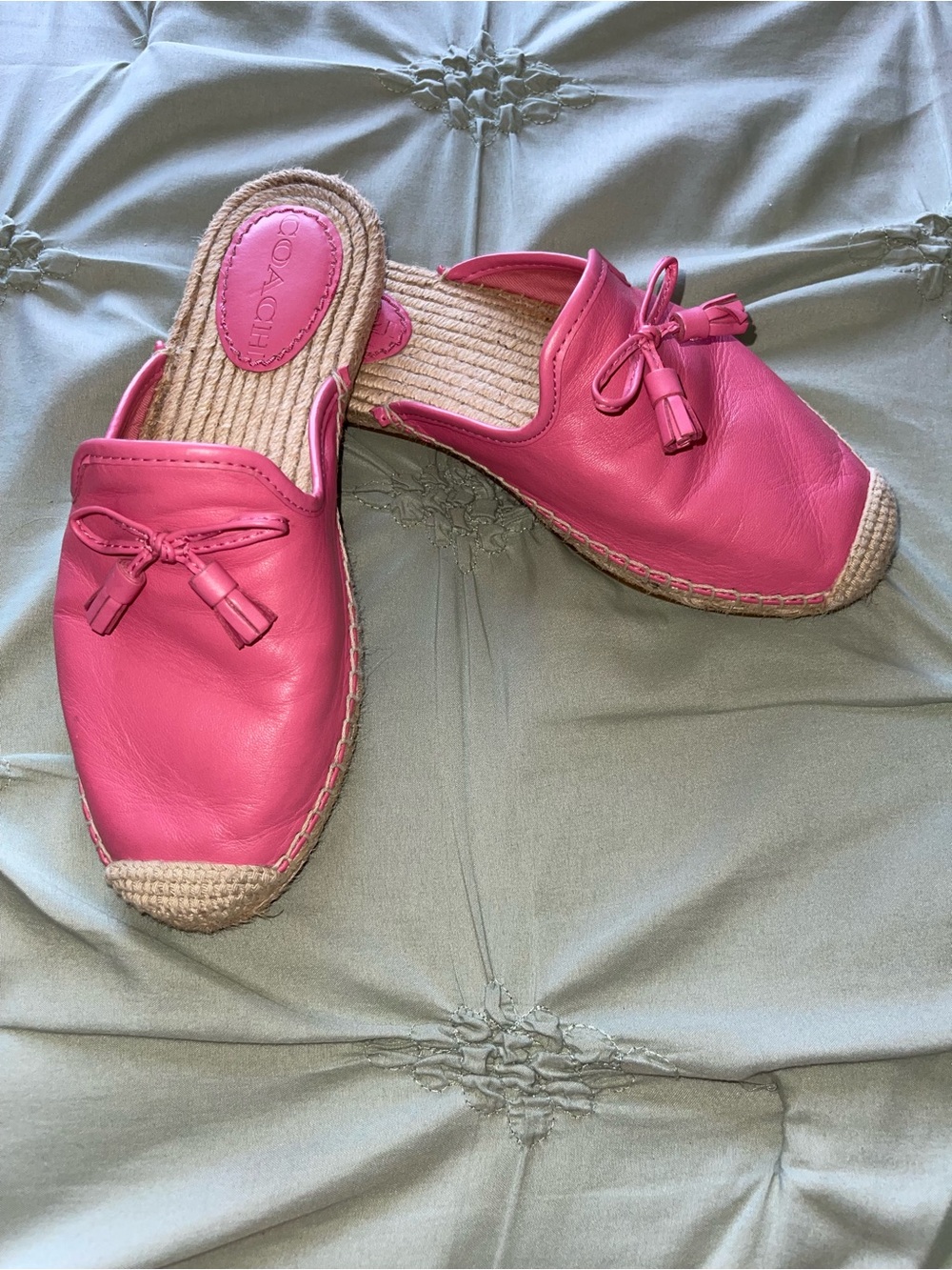 Coach Hot Pink Leather Espadrille Mules with Tassel Bow